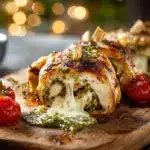 Golden pesto chicken rolls oozing mozzarella with toothpicks and cherry tomatoes.