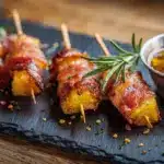 Crispy Prosciutto-Wrapped Pineapple skewers with glossy pineapple-jalapeño dipping sauce