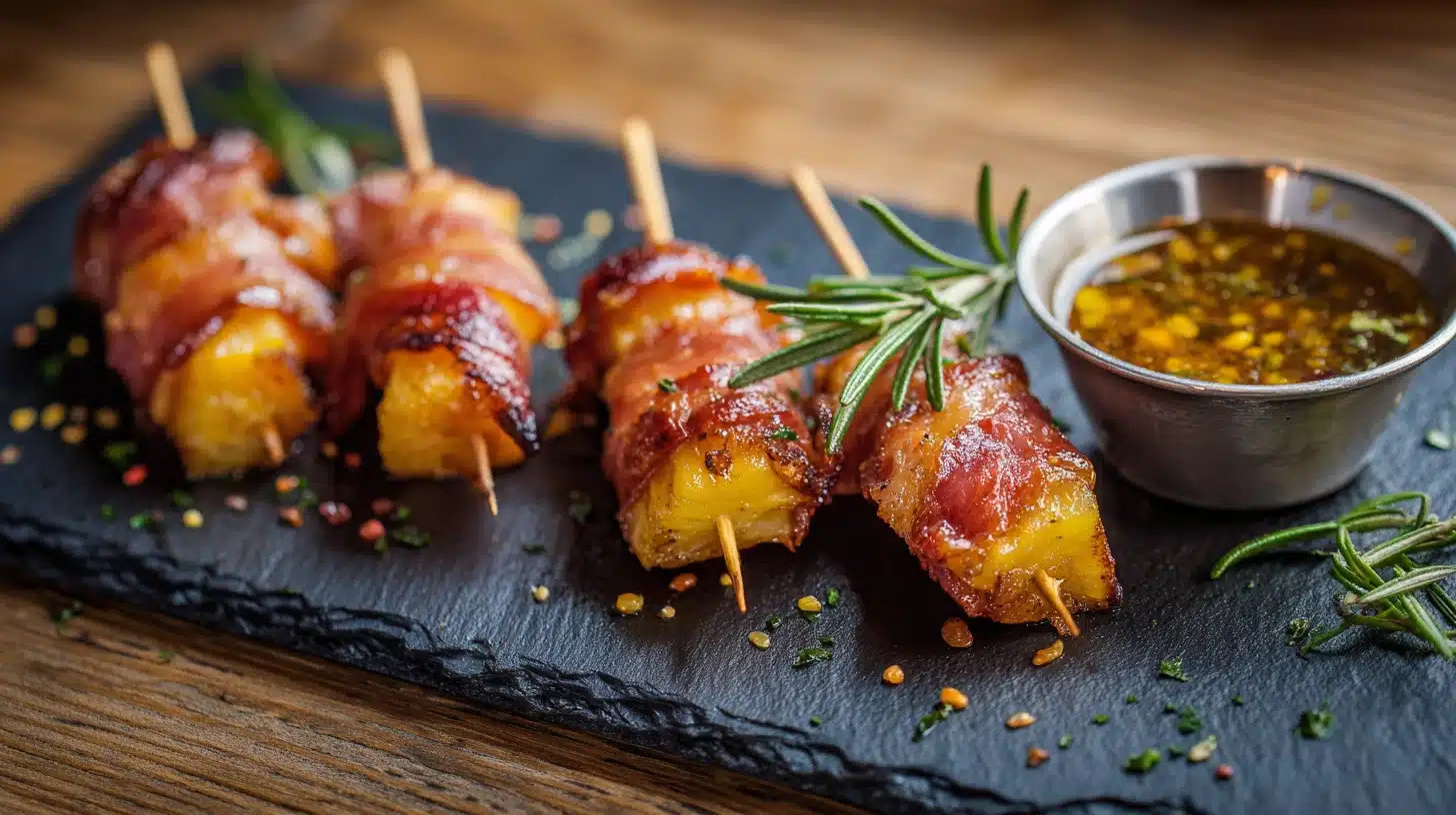 Crispy Prosciutto-Wrapped Pineapple skewers with glossy pineapple-jalapeño dipping sauce