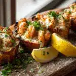 Shrimp Scampi Stuffed Garlic Bread Boats with melted cheese and parsley on rustic wood