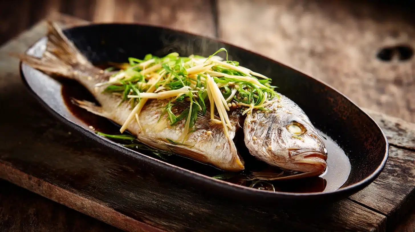 Whole Steamed Pompano with Ginger Sauce on a dark platter with scallions and ginger