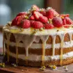 Strawberry Chamomile Naked Cake with fresh strawberries and honey drizzle on a rustic wooden board