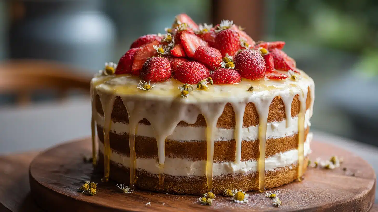 Strawberry Chamomile Naked Cake with fresh strawberries and honey drizzle on a rustic wooden board