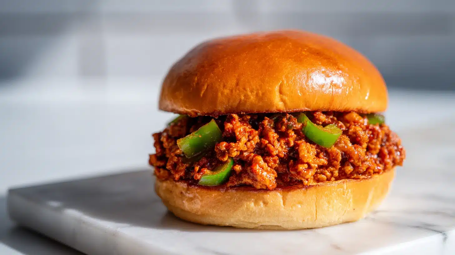 Cajun chicken sloppy joes on a toasted brioche bun with green onion garnish