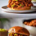 A towering Cajun chicken sloppy joe on a glossy brioche bun, overflowing with spiced ground chicken, bell peppers, and celery.