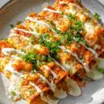 Bubbling Cajun crawfish enchiladas in creamy white sauce with melted cheese