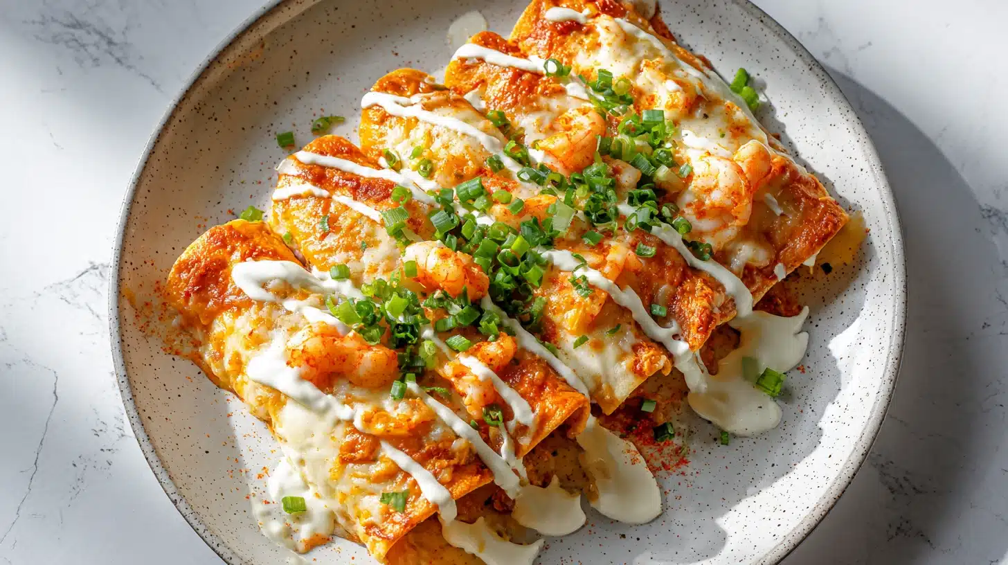 Bubbling Cajun crawfish enchiladas in creamy white sauce with melted cheese
