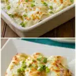 A bubbling hot dish of Cajun crawfish enchiladas smothered in a glossy, creamy white sauce, with a golden cheesy crust and bright green garnishes.