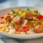 Cajun sausage and rice skillet with andouille, peppers, and creamy tomato rice in a cast iron pan