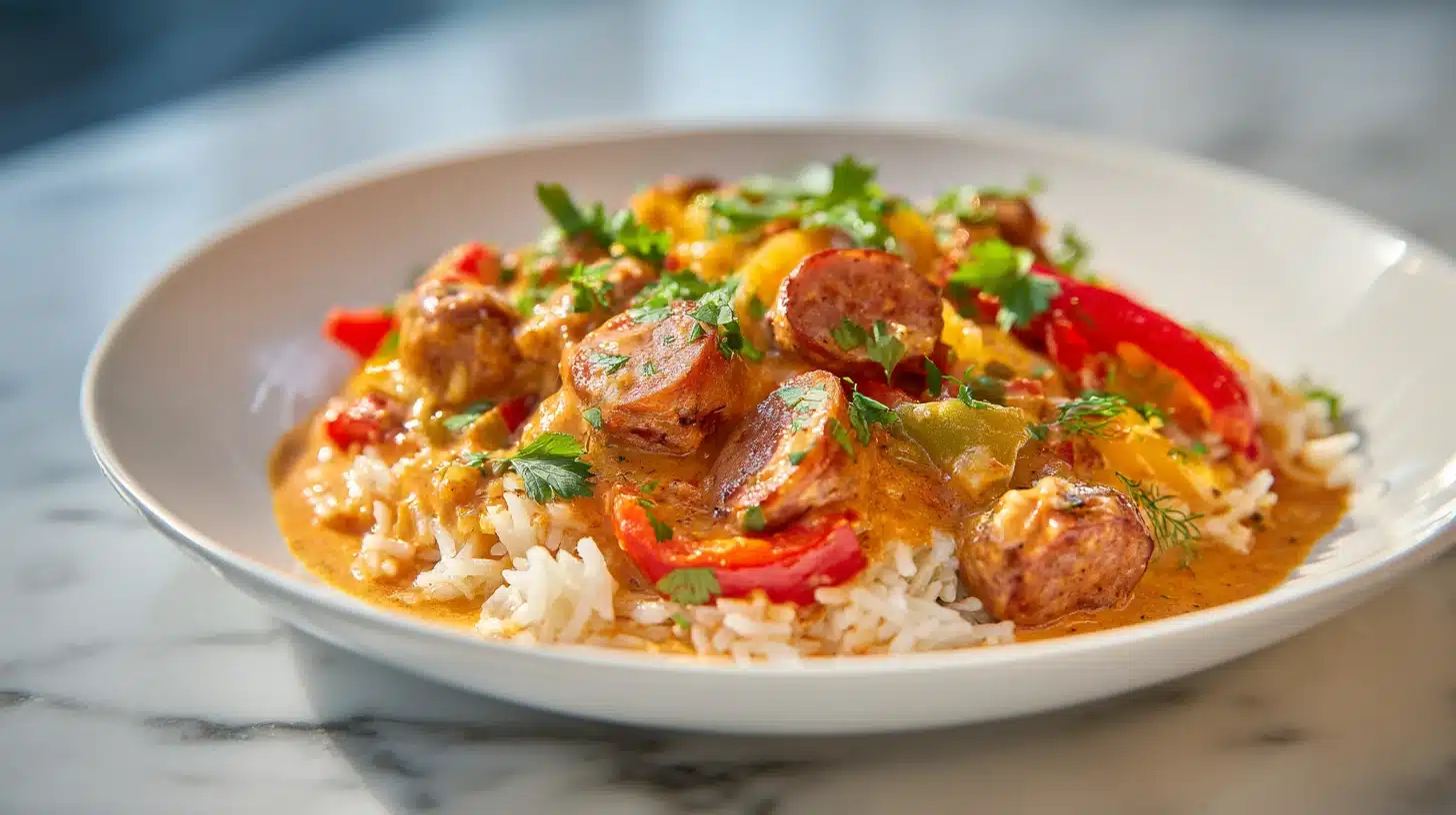 Cajun sausage and rice skillet with andouille, peppers, and creamy tomato rice in a cast iron pan