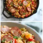 A cast iron skillet filled with a creamy Cajun sausage and rice dish, featuring sliced andouille, diced red and green bell peppers, and a smoky tomato sauce, topped with chopped green onions on a rustic wooden table.