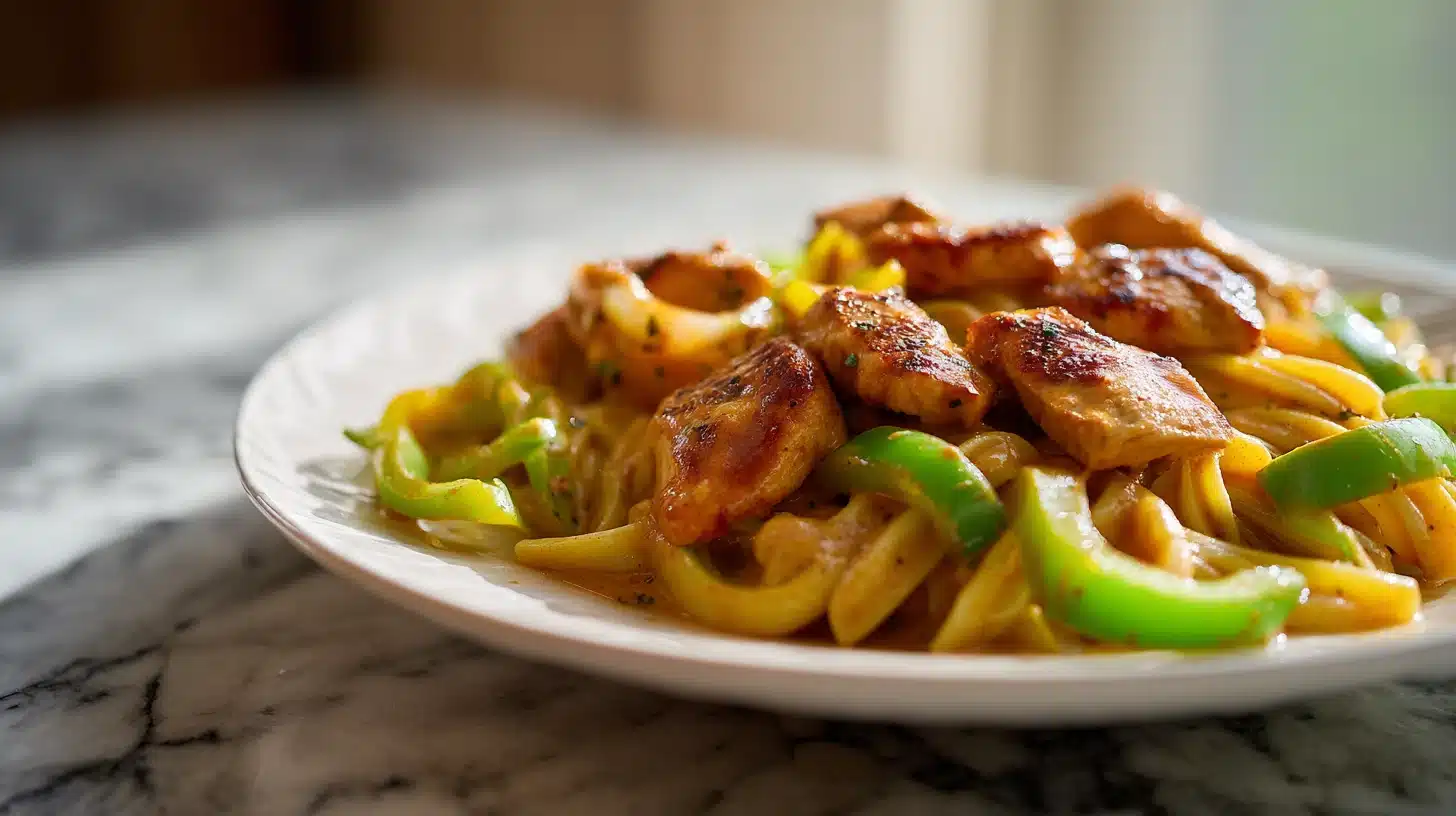 A bowl of creamy cajun chicken pasta with golden seared chicken pieces, sliced green bell peppers, and a glossy sauce, served on a bright marble countertop.