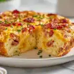 A golden bisquick impossible quiche fresh from the oven in a glass pie plate.