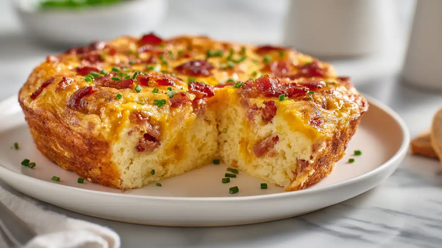 A golden bisquick impossible quiche fresh from the oven in a glass pie plate.