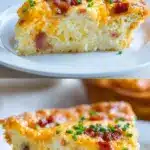 A close-up slice of golden-brown bisquick impossible quiche on a white ceramic plate, revealing melted cheddar cheese, crispy bacon bits, and a fluffy, light interior with a delicate self-formed crust edge.
