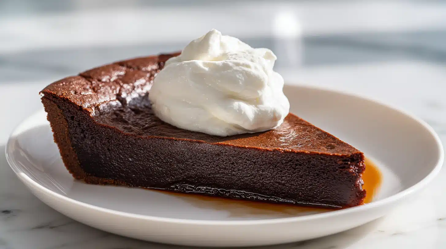 A slice of chocolate impossible pie with whipped cream on a ceramic plate