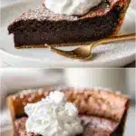 A decadent slice of chocolate impossible pie on a white plate, showing a glossy, fudgy interior, a delicate golden-brown self-formed crust, and a generous dollop of fresh whipped cream, with a fork resting beside it.