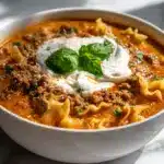 A bowl of Creamy Lasagna Soup with melted cheese and fresh spinach.