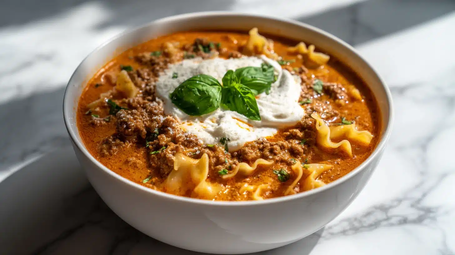A bowl of Creamy Lasagna Soup with melted cheese and fresh spinach.