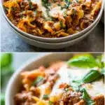 A steaming bowl of creamy lasagna soup featuring broken lasagna noodles, savory ground beef and sausage, and a vibrant tomato-cream broth, topped with a melting mozzarella swirl and fresh green basil leaves on a rustic table.