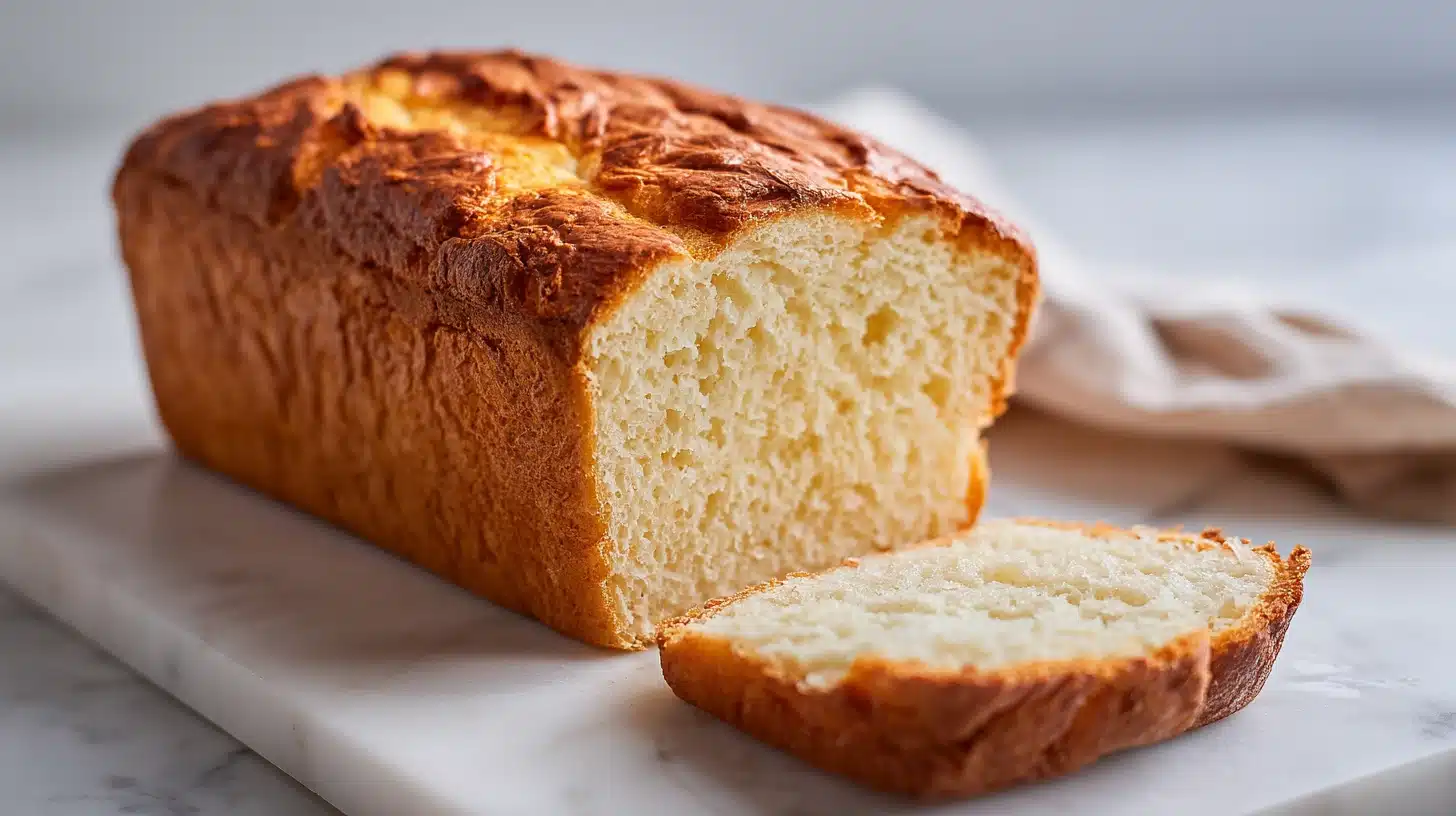 A golden loaf of sliced Gluten free bread recipe on a wooden board.