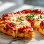 A baked pizza with melted cheese and basil using the Gluten free pizza crust recipe