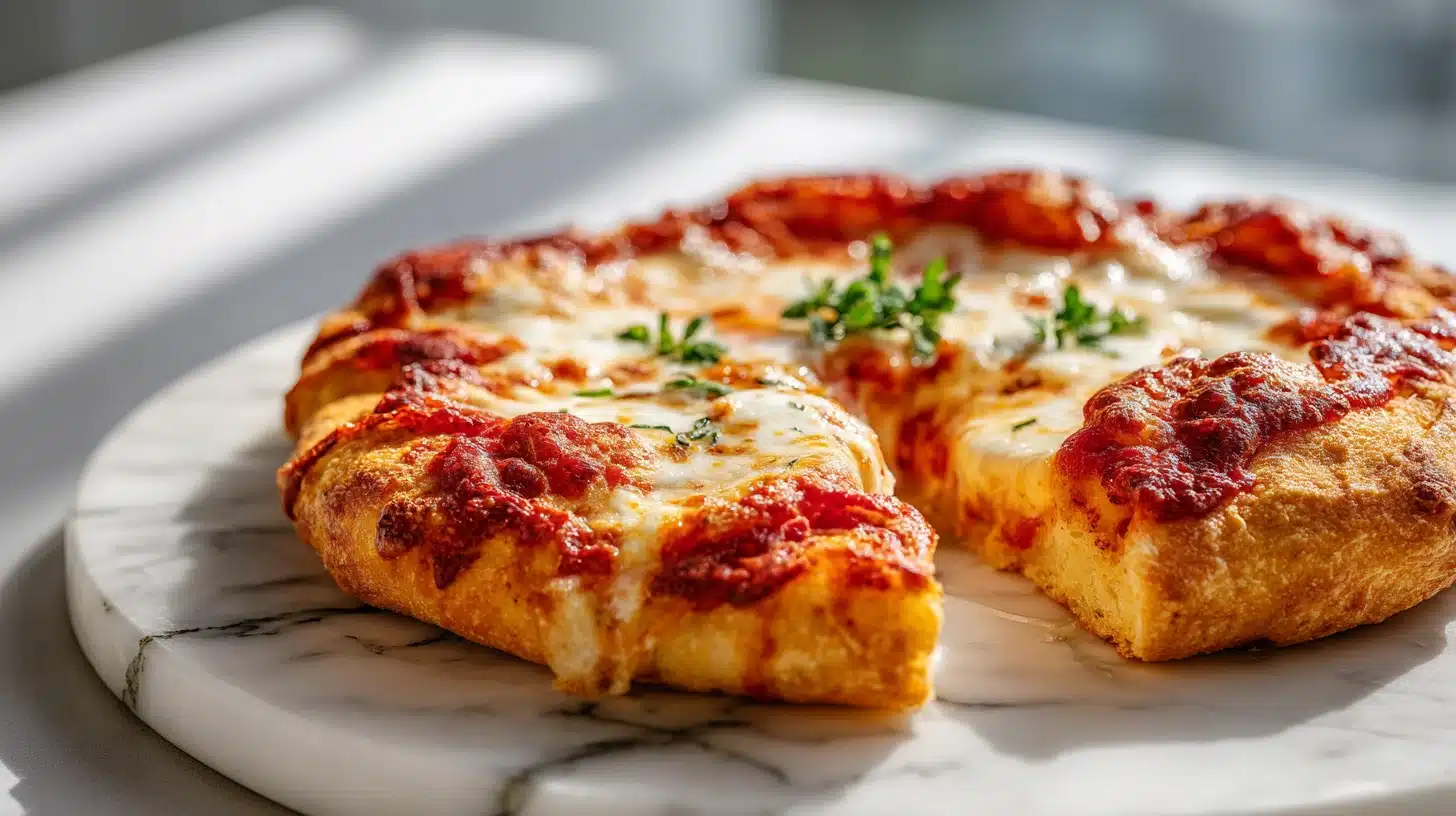 A baked pizza with melted cheese and basil using the Gluten free pizza crust recipe