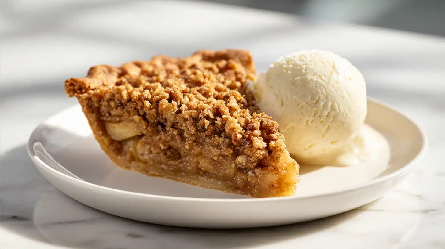 A slice of impossible apple pie on a plate with a golden crust.
