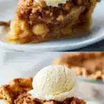 A close-up, warm slice of impossible apple pie with a golden-brown, crunchy pecan streusel topping, served with a scoop of melting vanilla ice cream on a white plate, captured in bright, natural daylight.
