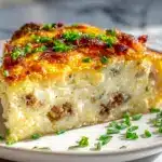 A golden slice of impossible breakfast pie on a white ceramic plate.