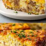 A plated slice of impossible breakfast pie revealing a golden-brown self-formed crust, fluffy baked egg and sausage interior with visible melted cheddar cheese, crispy shredded hash browns, and a garnish of fresh chopped chives on a white plate.