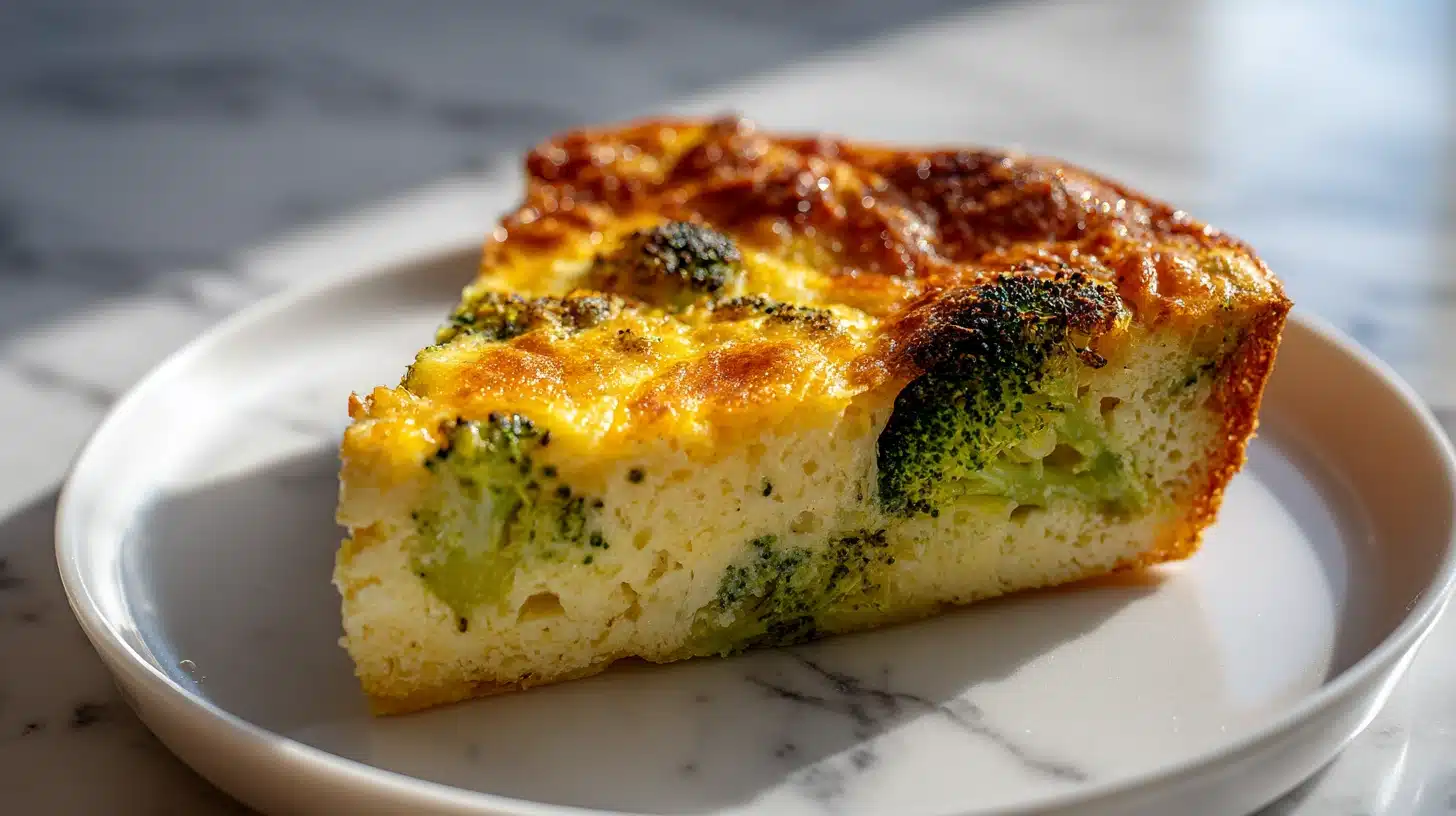 Golden slice of impossible broccoli pie on a rustic wooden board