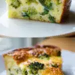 A perfectly baked slice of impossible broccoli pie on a white plate, showing a golden, cheesy top layer with visible tender broccoli florets and a creamy, set interior. A fork rests beside the slice on a rustic wooden table.