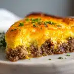 A slice of impossible cheeseburger pie with golden crust and melted cheddar on a wooden board.