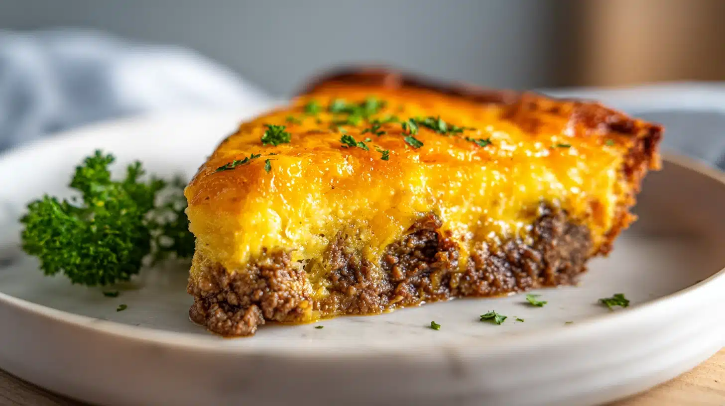 A slice of impossible cheeseburger pie with golden crust and melted cheddar on a wooden board.