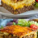 A slice of impossible cheeseburger pie on a white plate, revealing a golden-brown self-formed crust, a thick layer of seasoned ground beef, and gooey melted sharp cheddar cheese on top, with a fork resting beside it on a rustic wooden table.
