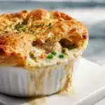 A slice of impossible chicken pot pie showing the self-crusting bottom layer