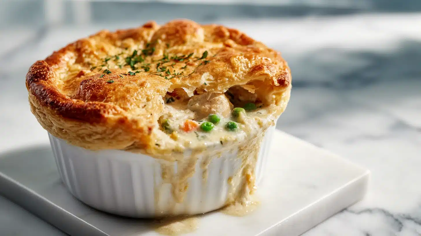 A slice of impossible chicken pot pie showing the self-crusting bottom layer