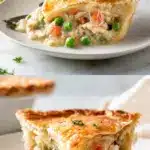 A square baking dish holding a golden-brown impossible chicken pot pie, sliced open to show a creamy interior filled with shredded chicken, bright green peas, and diced carrots, with a rustic Bisquick crust on top.
