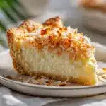 A baked impossible coconut pie showing the self-crusting layers