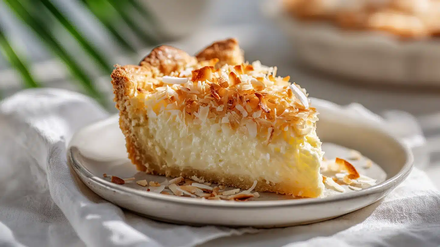 A baked impossible coconut pie showing the self-crusting layers