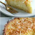 A plated slice of impossible coconut pie revealing a golden-brown self-formed crust on the bottom, a smooth creamy custard layer in the center, and toasted shredded coconut scattered across the top, with a fork resting beside the plate on a light wood table.