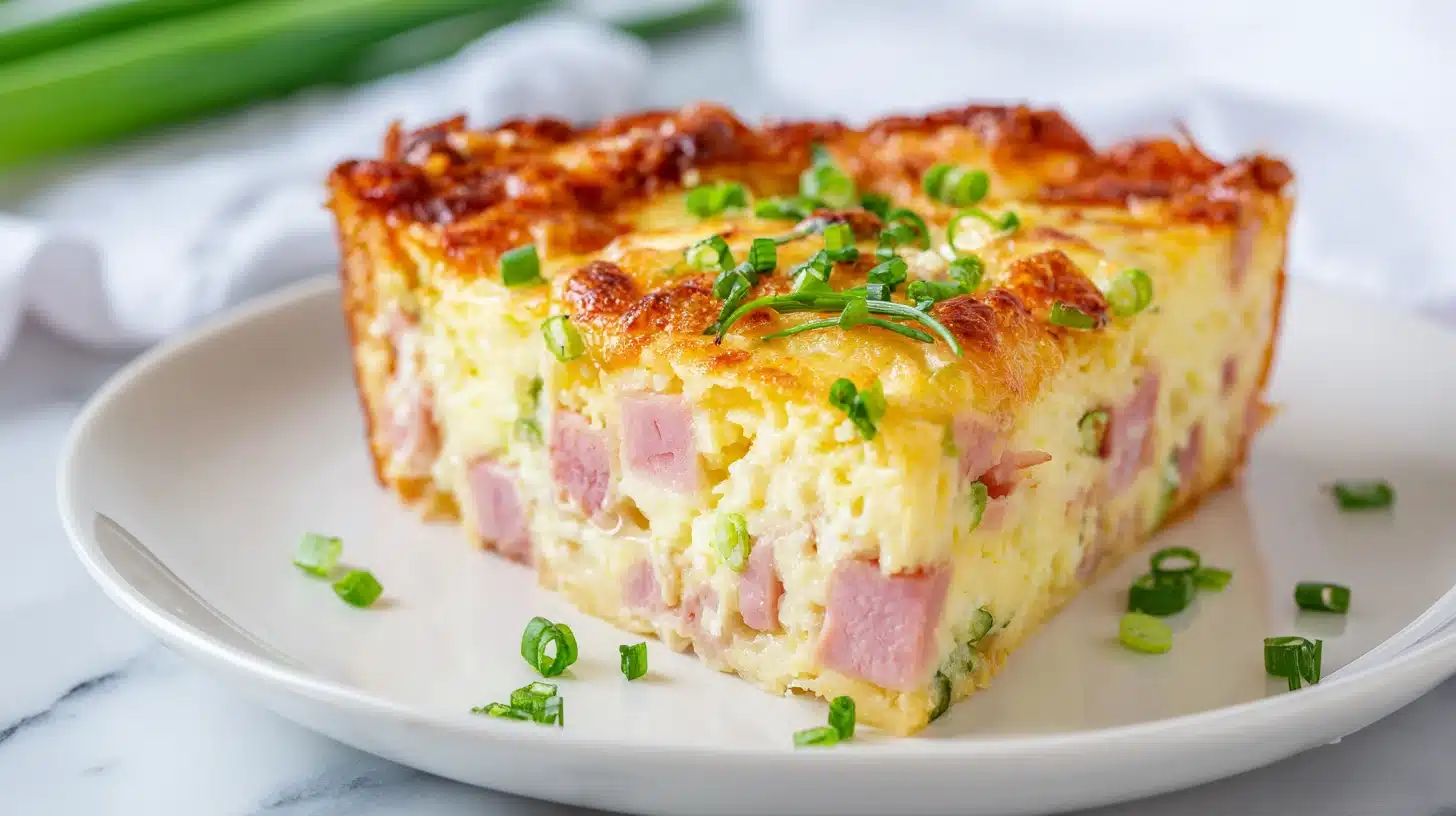 Golden brown slice of impossible ham and cheese pie on a ceramic plate