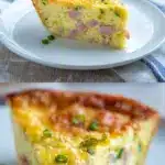 A slice of impossible ham and cheese pie on a white plate, revealing a moist, golden interior studded with pink diced ham and specks of green scallions, with a lightly browned cheesy crust edge.