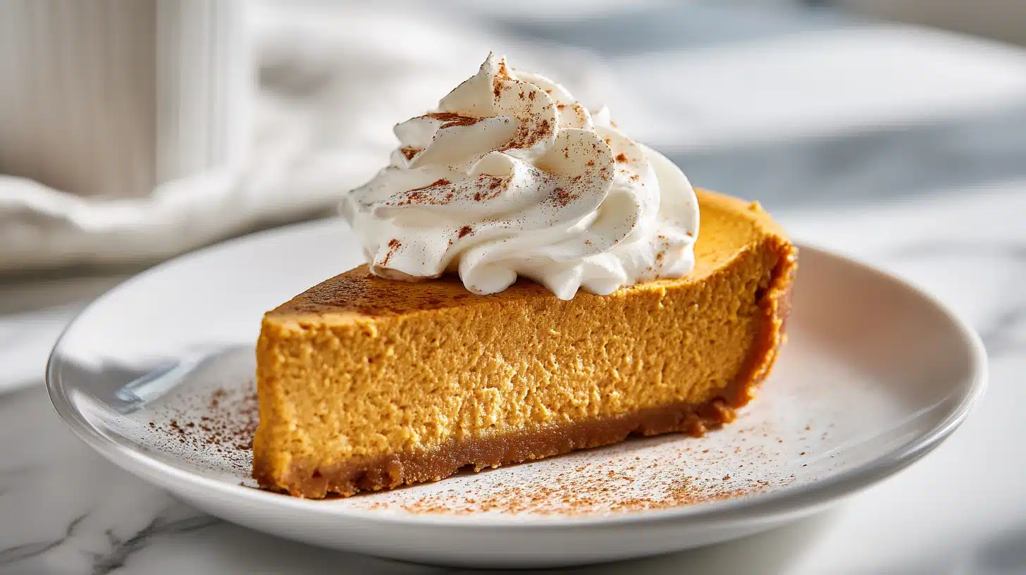 A slice of impossible pumpkin pie showing the self-forming crust layer on a rustic wooden board.