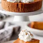 A perfectly baked slice of impossible pumpkin pie on a white plate, revealing a smooth, creamy custard interior with no visible crust, topped with a generous swirl of fresh whipped cream and a light dusting of cinnamon.