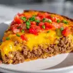 A golden slice of impossible taco pie showing beef and cheese layers on a white plate.
