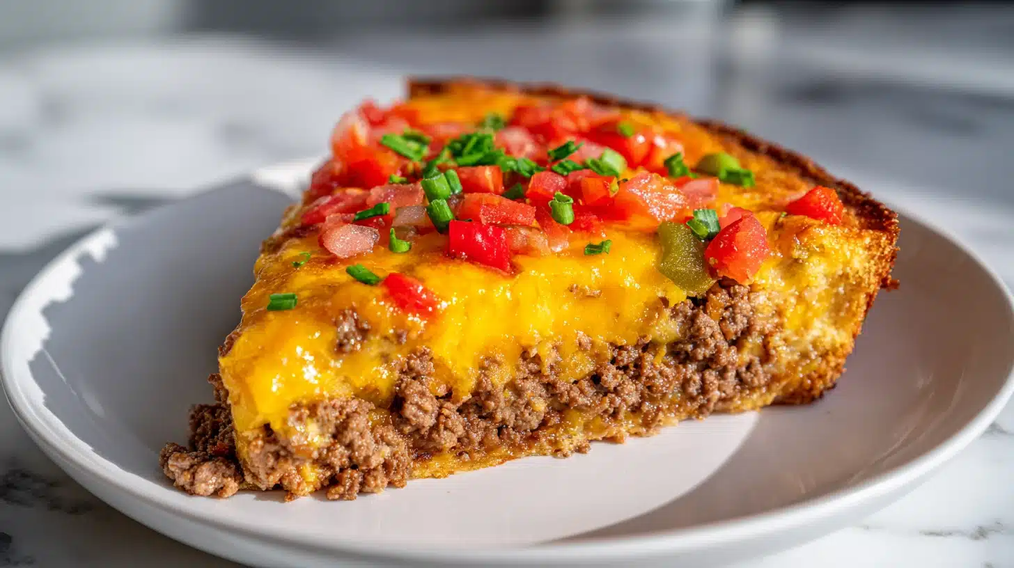 A golden slice of impossible taco pie showing beef and cheese layers on a white plate.