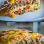 A close-up slice of impossible taco pie on a white plate, revealing a golden-brown self-formed crust, layers of seasoned ground beef, oozing melted cheddar and Monterey Jack cheese, and vibrant diced tomatoes and green chiles.
