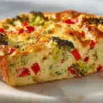 Slice of impossible vegetable pie with broccoli and cheddar on a white plate.